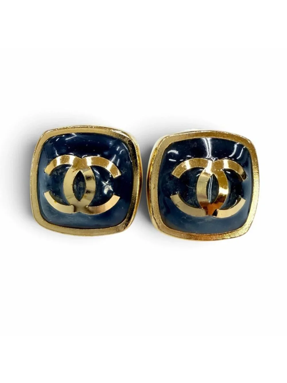 Chanel Metal CC Logo Square Earrings Gold Gray